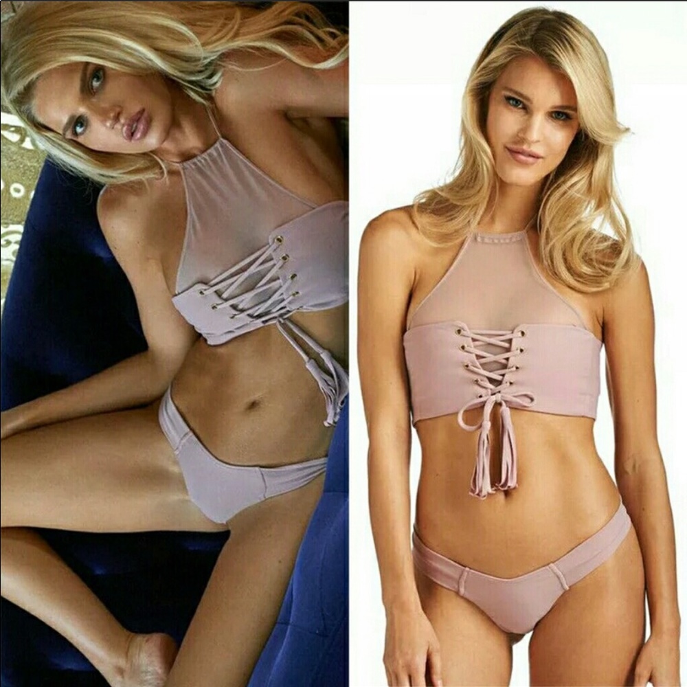 Mesh nude blush pink lace up ruched bikini set - Picture 2 of 7